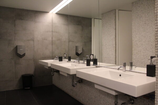 Salle de bain moderne avec deux lavabos.