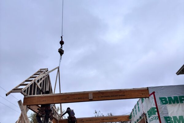 Grue sur chantier de construction avec travailleurs.